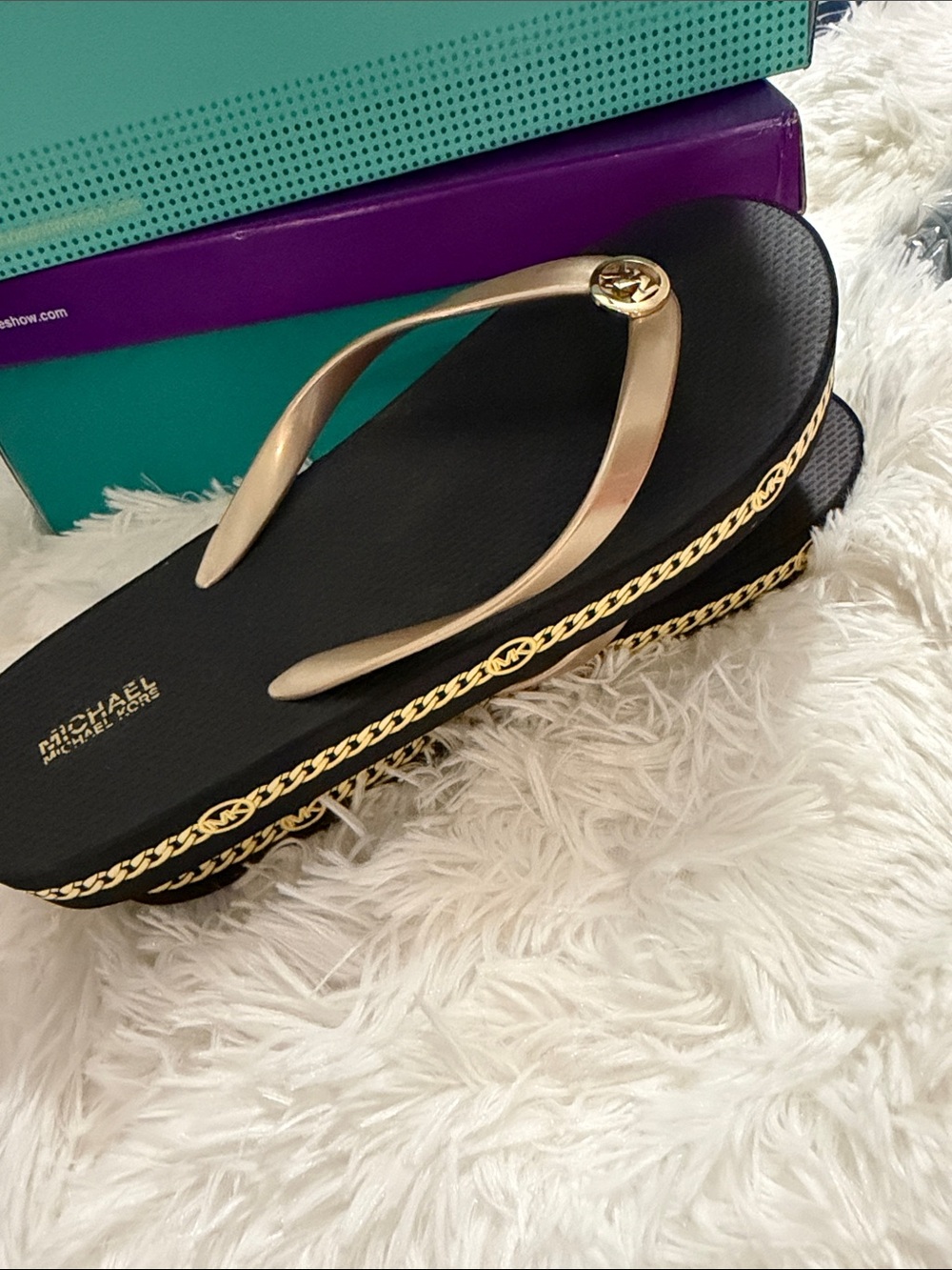 Michael Kors Black Platform Flip Flops with Gold Accents